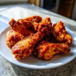 A close-up of several crispy, bright red, glazed chicken wings piled on a white plate.