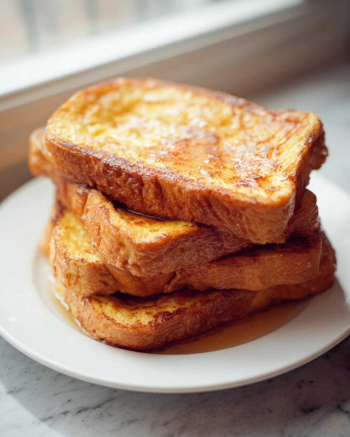 A stack of four thick slices of golden brown easy french toast drizzled with syrup on a white plate.