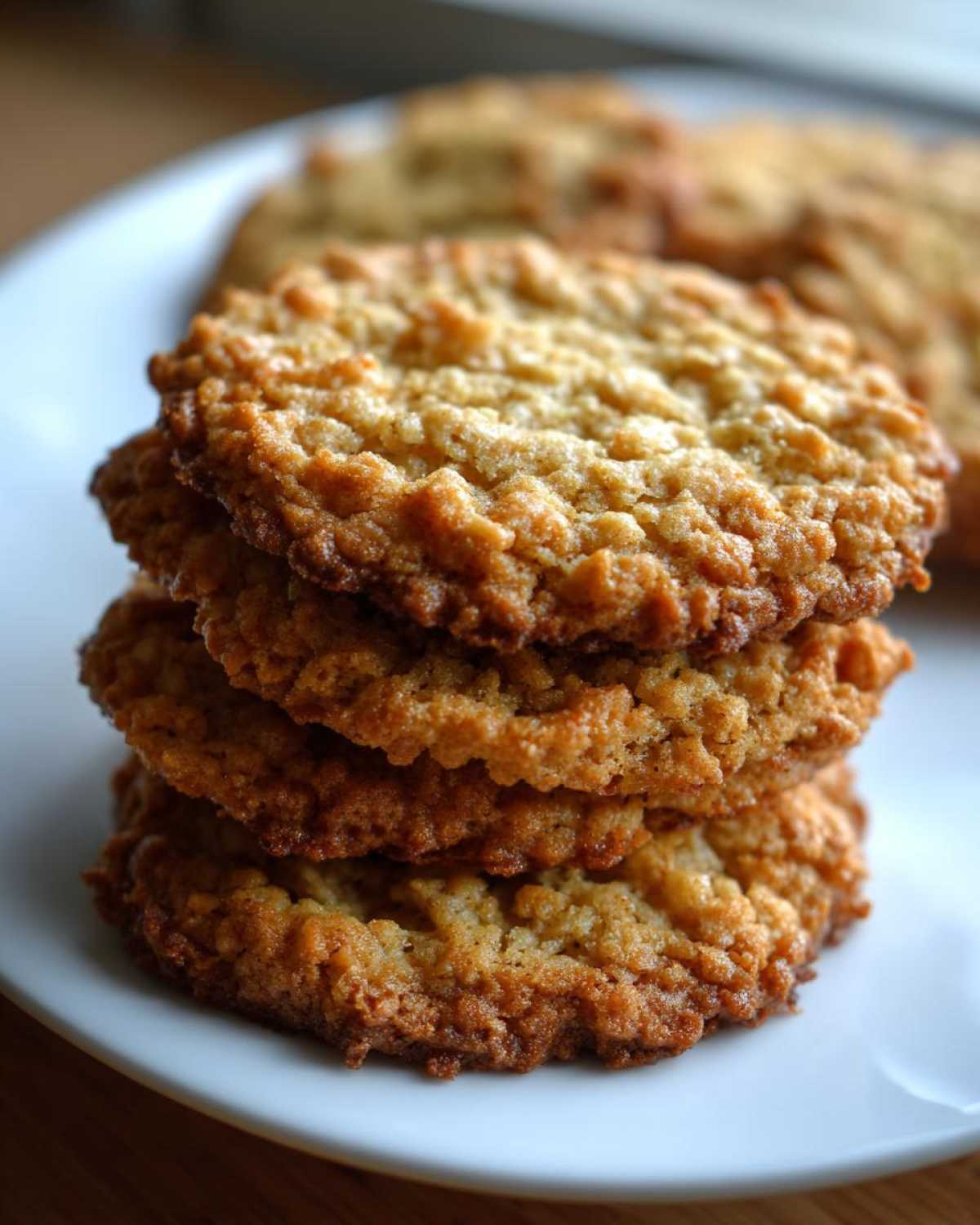 Close-up of four golden brown, chewy oatmeal cookie treats stacked on a white plate.