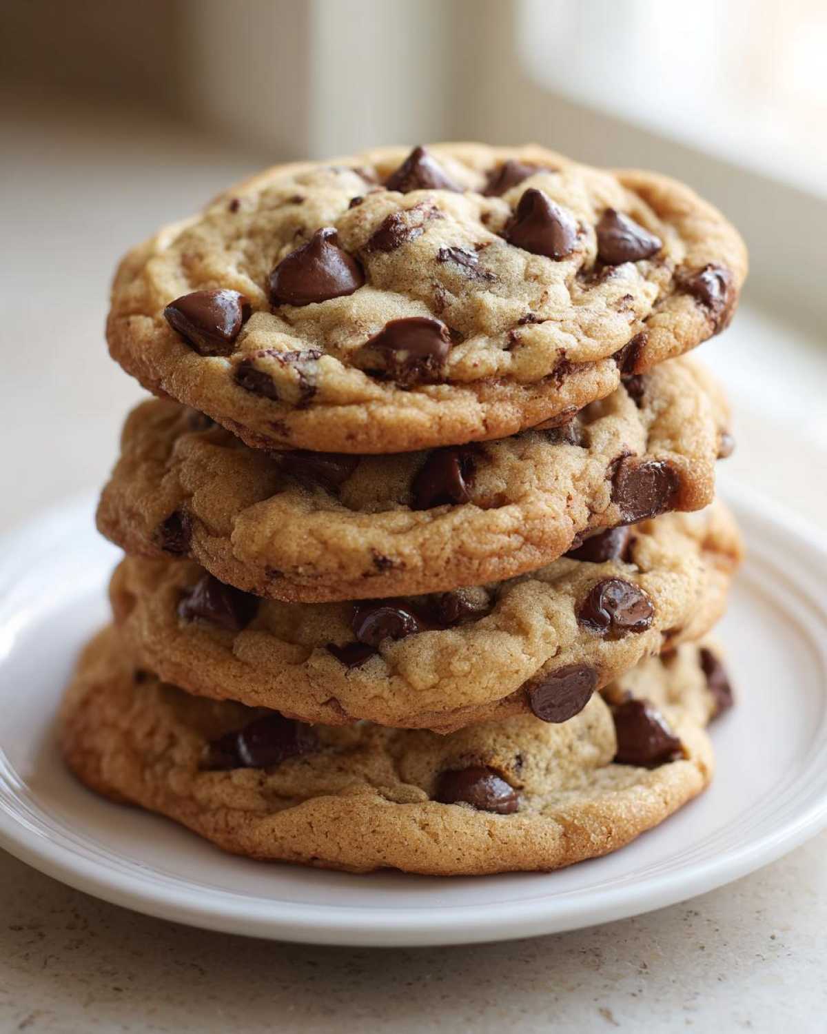 A vertical stack of four perfectly baked homemade chocolate chip cookies on a white plate.