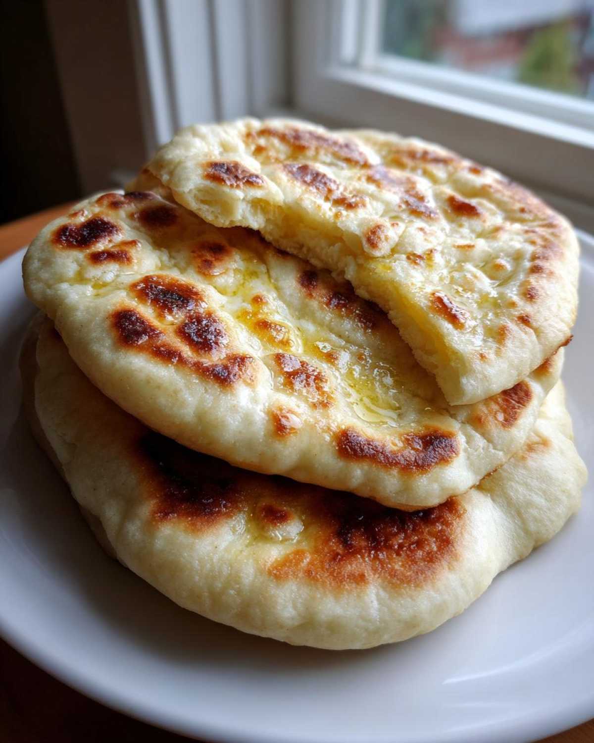 A stack of three soft and chewy homemade naan bread pieces brushed with melted butter, resting on a white plate.