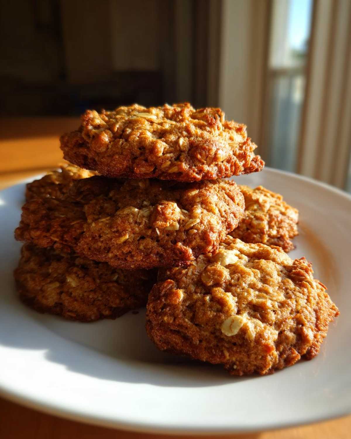 A stack of five chewy, golden brown oatmeal cookie treats sitting on a white plate in bright sunlight.