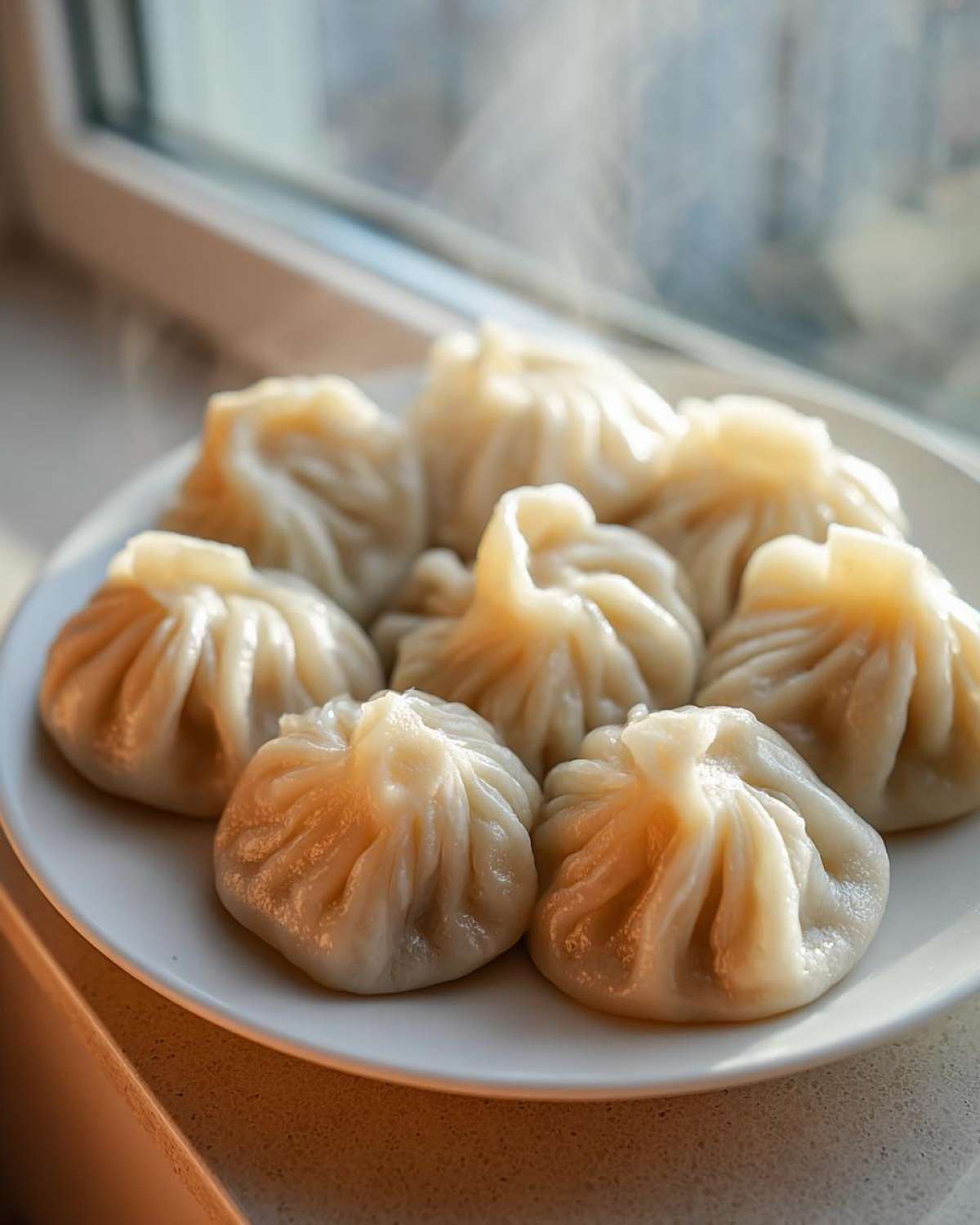 A plate of freshly steamed Traditional Chinese Dumplings with visible steam rising near a window.