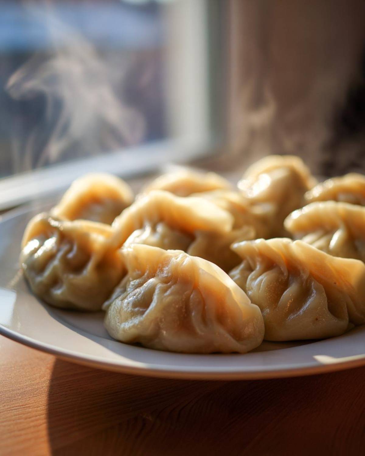 A close-up of freshly steamed Traditional Chinese Dumplings piled on a white plate, with visible steam rising.