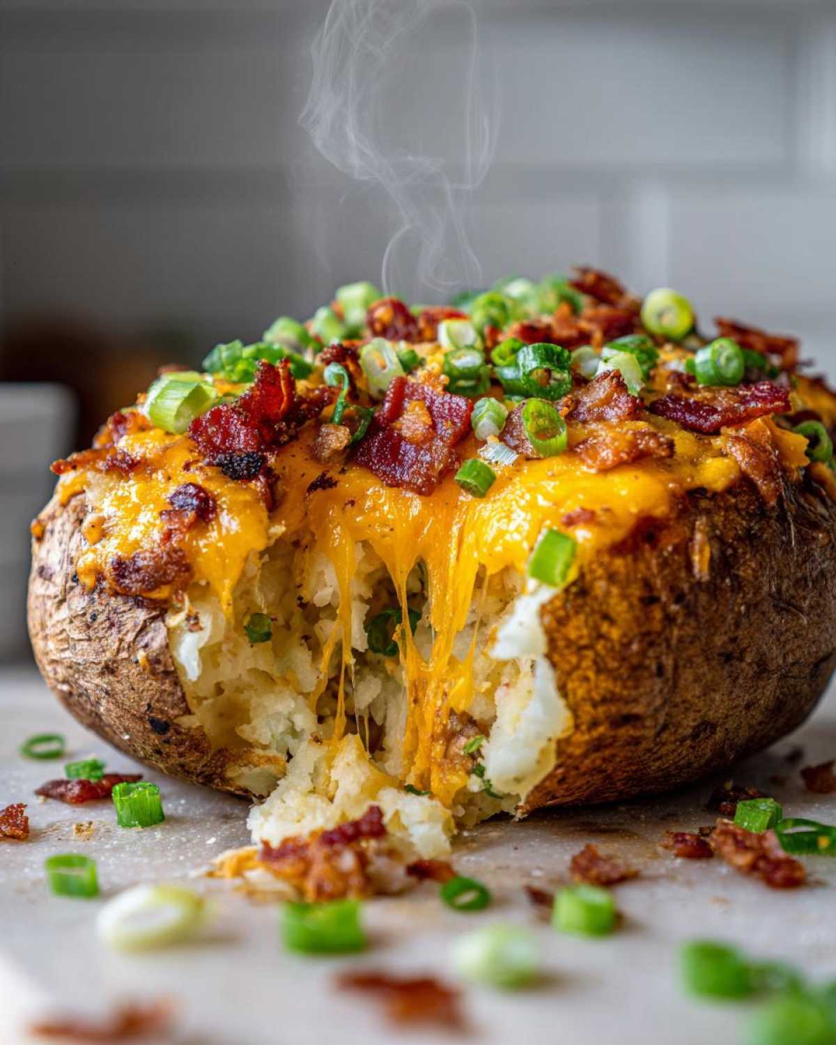 Close-up of a hot, steaming twice baked potato overflowing with melted cheddar cheese, bacon bits, and green onions.