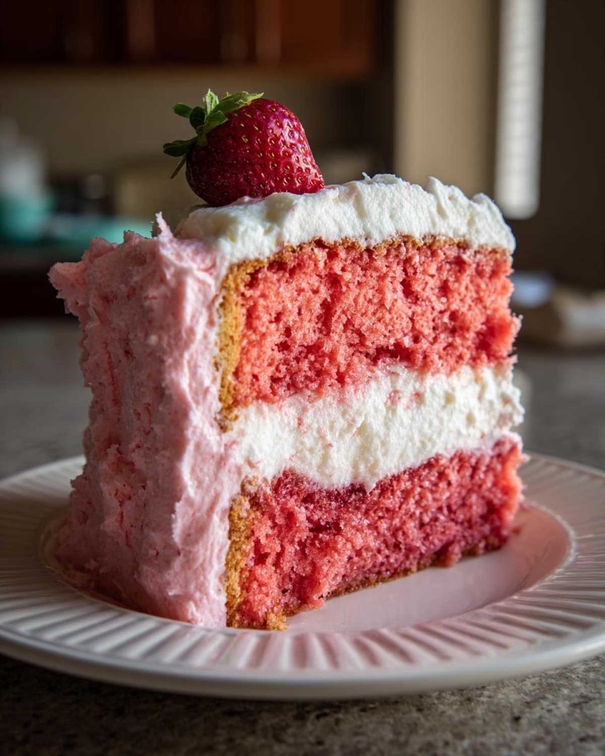 A tall slice of moist strawberry cake with pink frosting, white filling, and topped with a fresh strawberry.