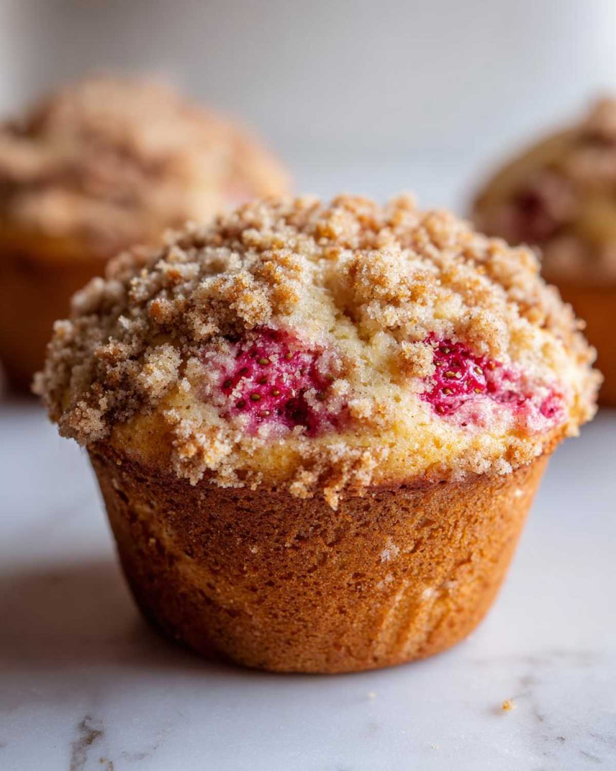 A close-up of a golden brown strawberry muffins topped with a thick layer of brown sugar streusel topping.