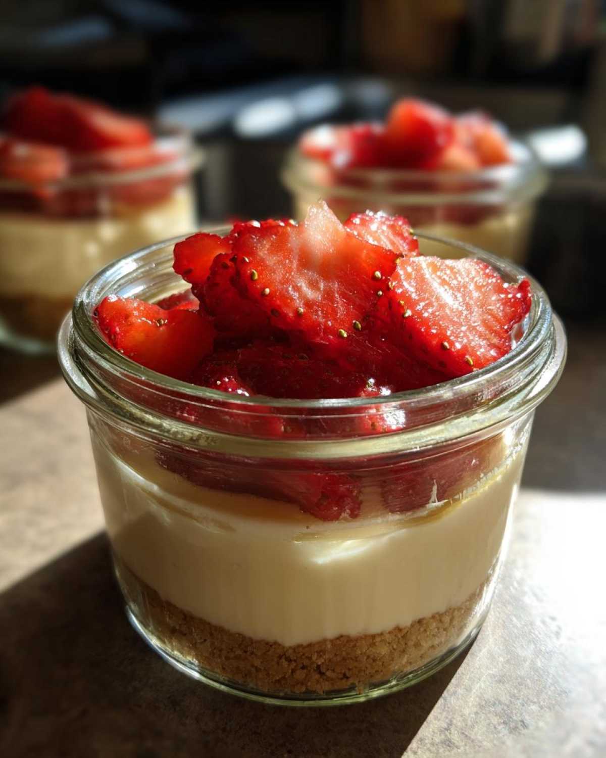 Close-up of a single-serving Protein Cheesecake in a glass jar, topped with fresh sliced strawberries.