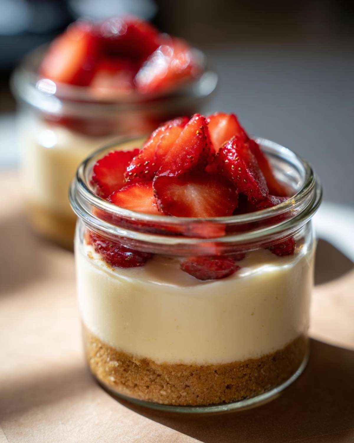 Close-up of a single serving Protein Cheesecake in a jar with a graham cracker crust and fresh sliced strawberries on top.