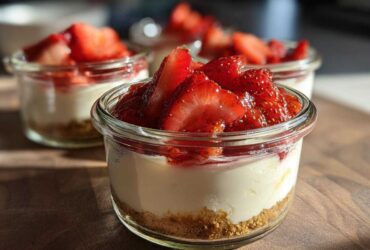 Close-up of a single serving Protein Cheesecake in a glass jar topped with fresh, sliced strawberries.