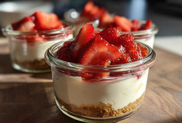 Close-up of a single serving Protein Cheesecake in a glass jar topped with fresh, sliced strawberries.