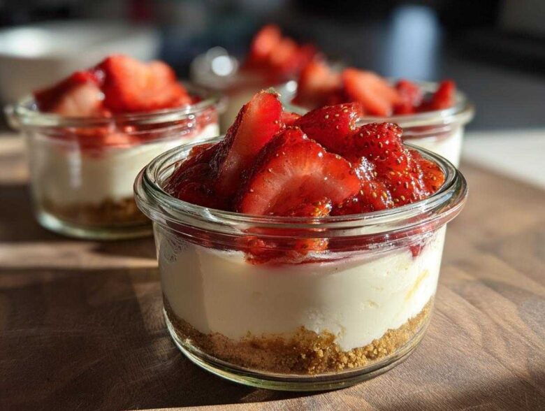 Close-up of a single serving Protein Cheesecake in a glass jar topped with fresh, sliced strawberries.