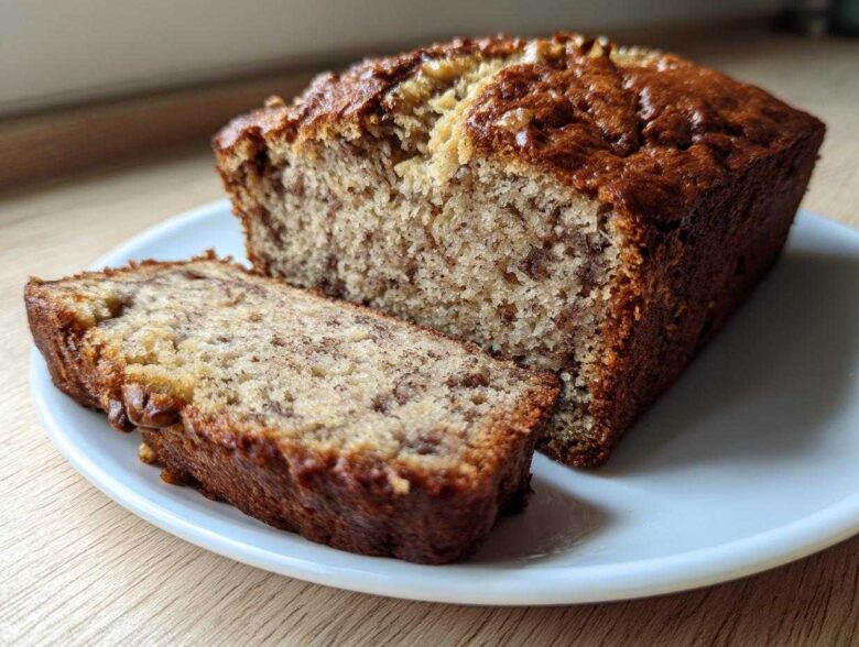 A loaf of moist sugar free banana bread with one thick slice cut and resting beside it on a white plate.