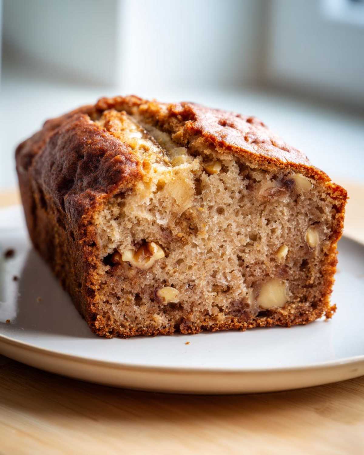 Close-up of a freshly baked sugar free banana bread loaf showing its moist crumb and visible walnut pieces.