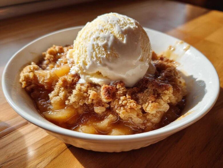 A close-up of a warm apple cobbler recipe served in a white bowl, topped with a melting scoop of vanilla ice cream.