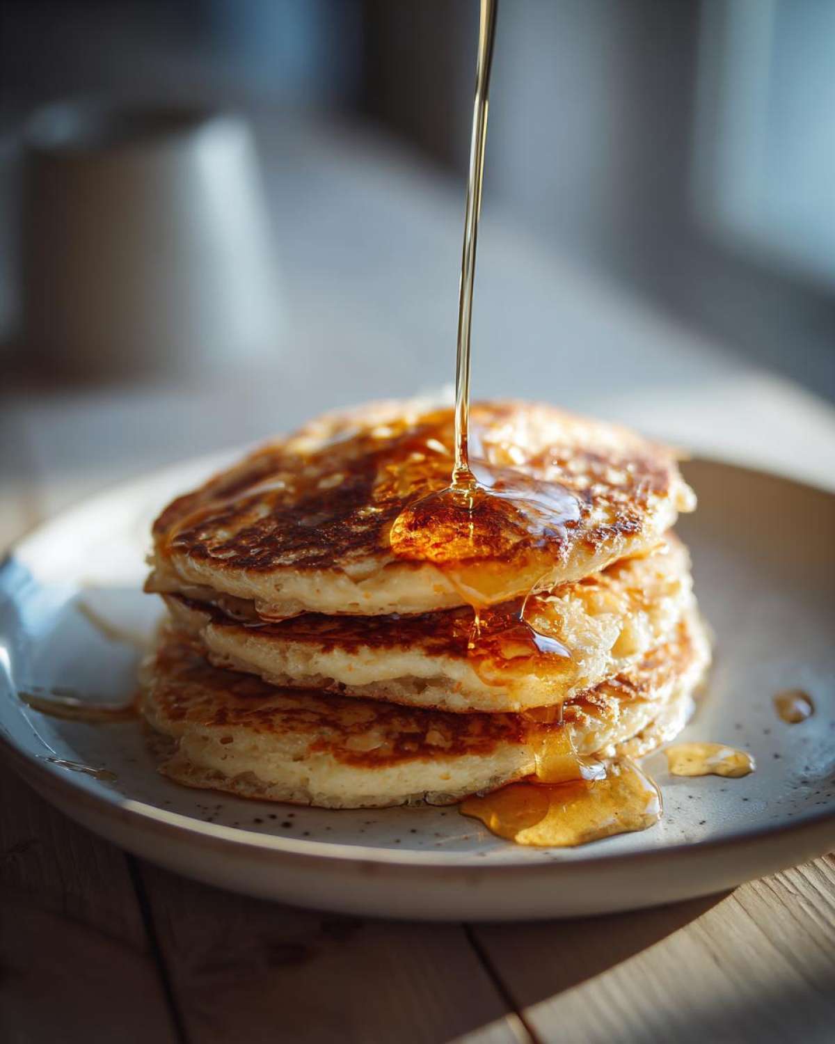 A stack of fluffy coconut flour pancakes being drizzled with golden syrup in bright sunlight.