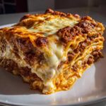 A thick, juicy slice of homemade lasagna showing multiple layers of pasta, rich meat sauce, and gooey, browned cheese.