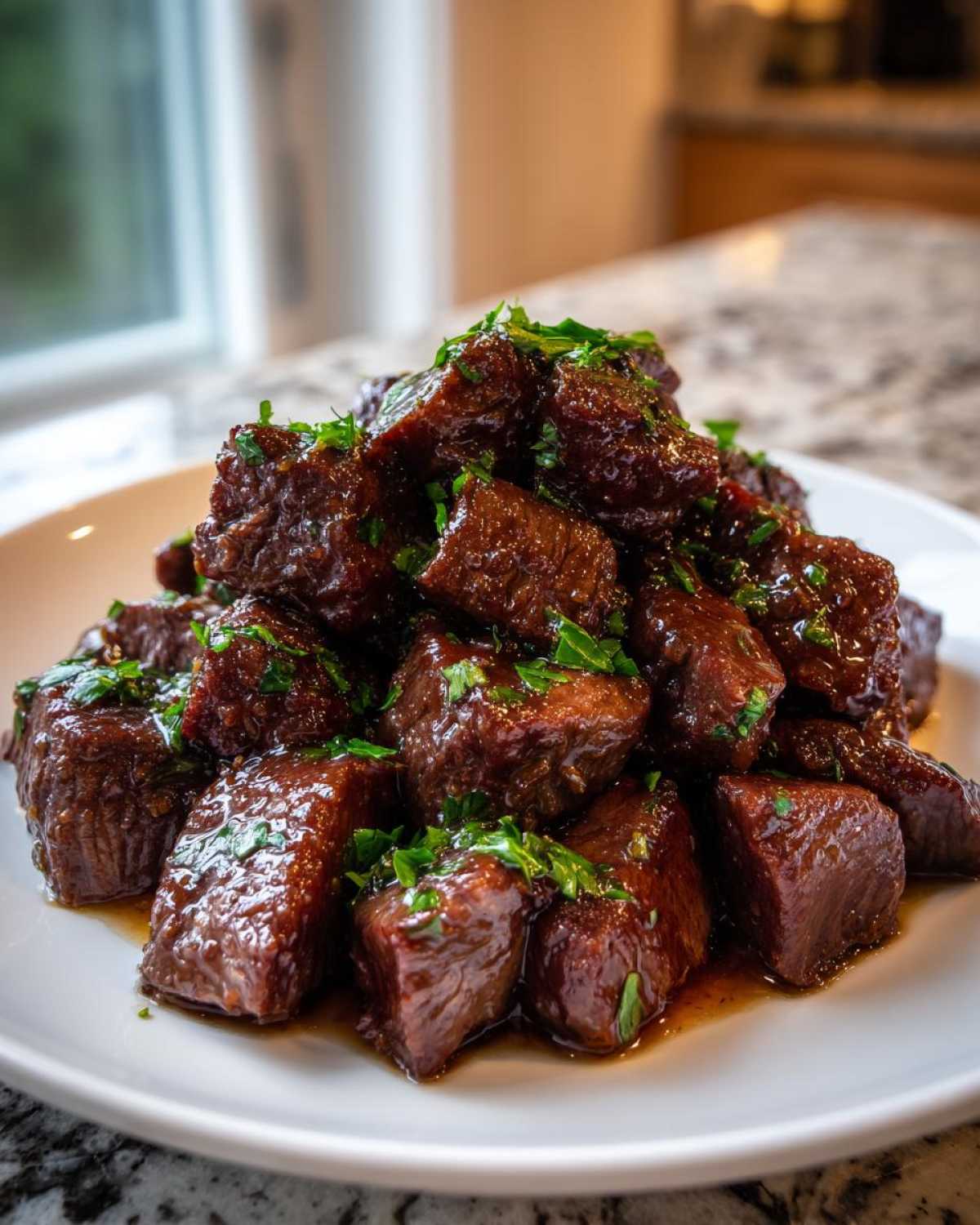 Close-up of tender, saucy crockpot steak bites piled high on a white plate and sprinkled with fresh parsley.
