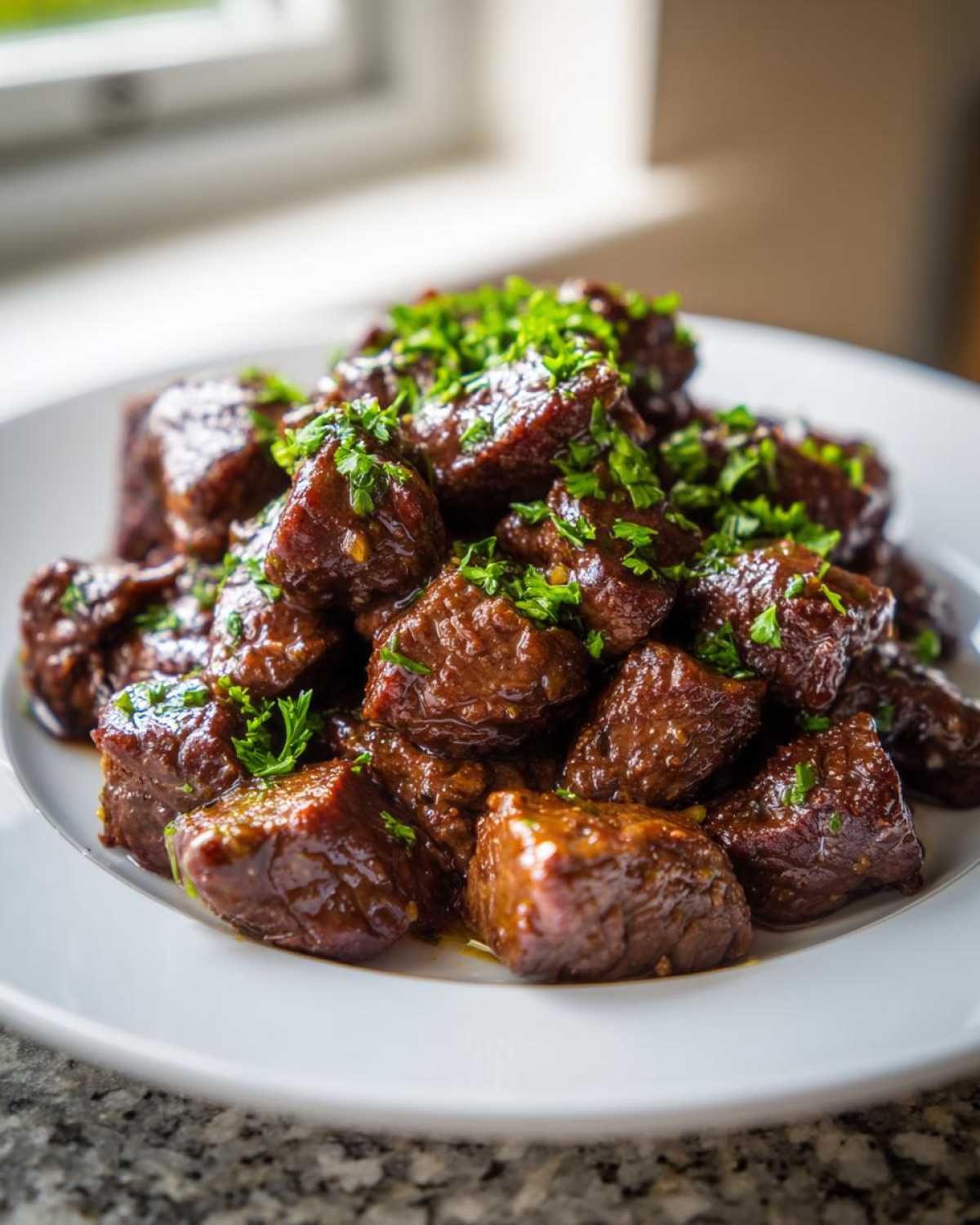 A white plate piled high with tender, saucy crockpot steak bites topped with fresh chopped parsley.
