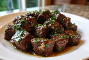 Close-up of tender crockpot steak bites coated in a rich sauce and topped with fresh chopped parsley.