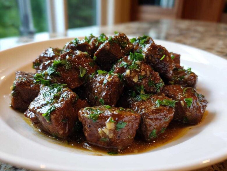 Close-up of tender crockpot steak bites coated in a rich sauce and topped with fresh chopped parsley.