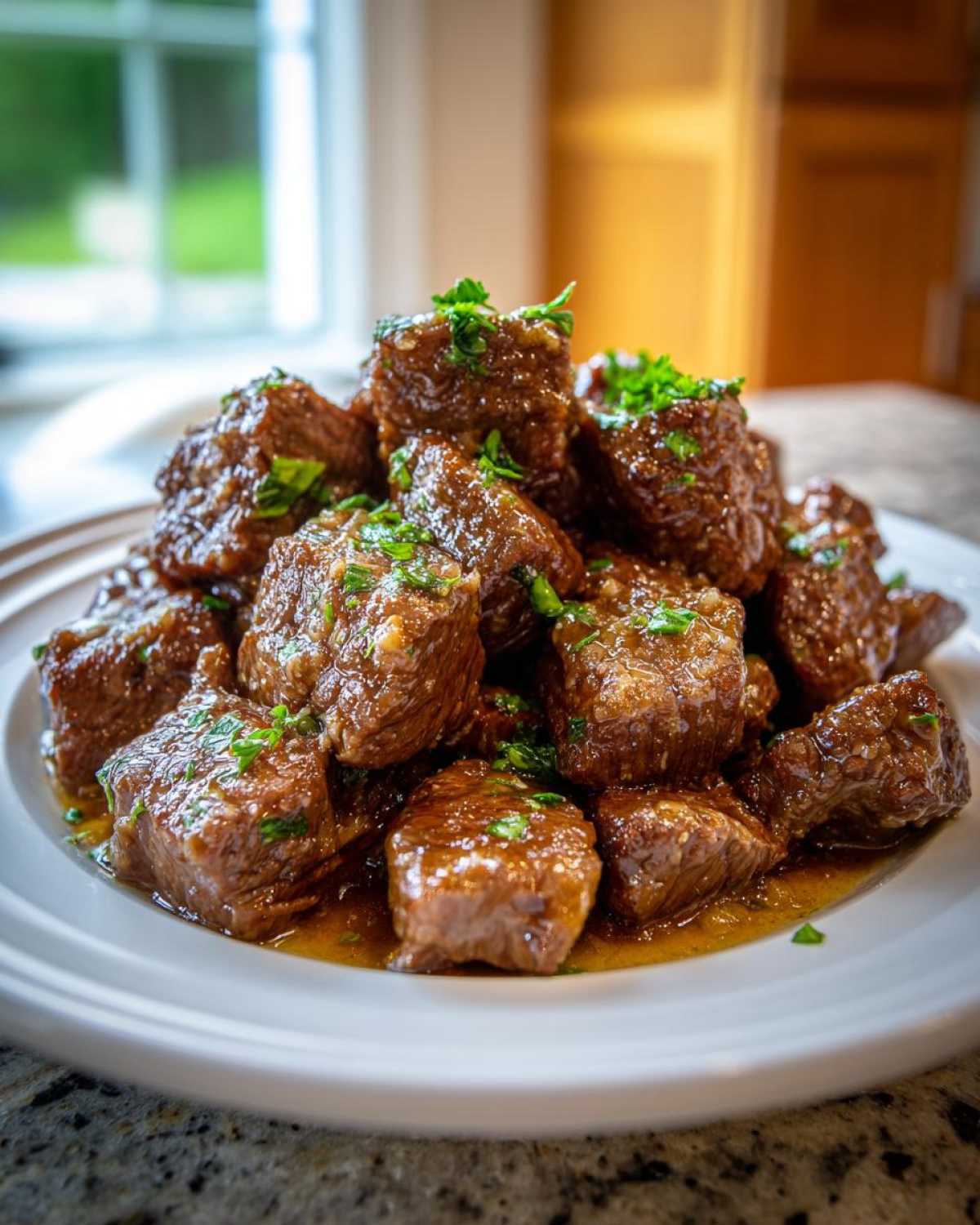 A mound of tender, saucy crockpot steak bites garnished with fresh chopped parsley on a white plate.