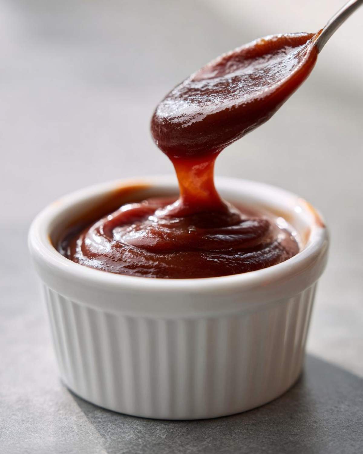 Close-up of thick, rich bbq sauce dripping from a spoon into a small white ramekin.