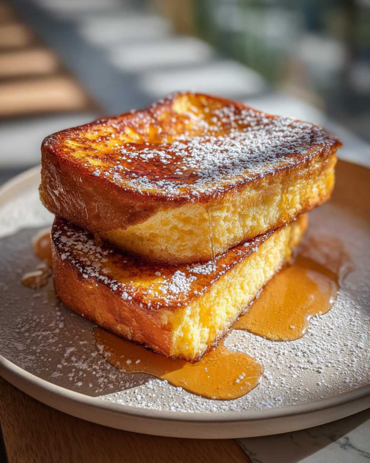 Two thick slices of golden brown french toast stacked, drizzled with syrup and dusted with powdered sugar.