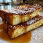 Close-up of two thick slices of golden brown french toast stacked, drizzled with syrup and dusted with powdered sugar.