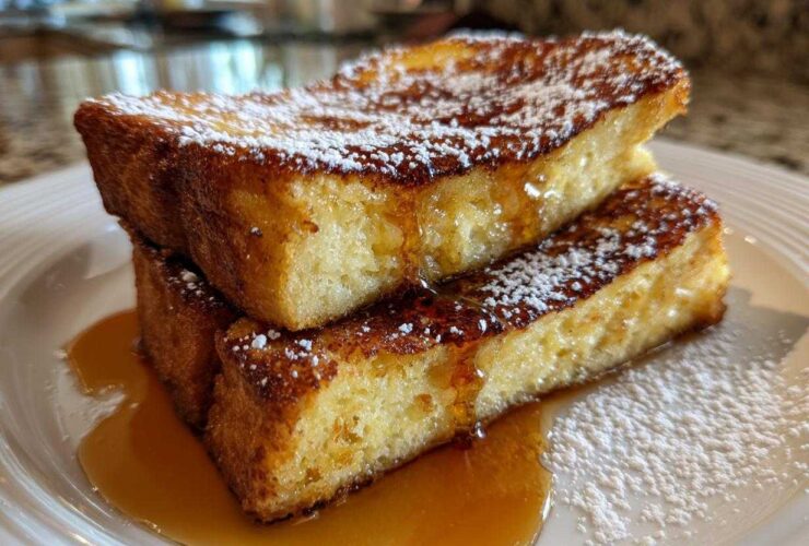 Close-up of two thick slices of golden brown french toast stacked, drizzled with syrup and dusted with powdered sugar.