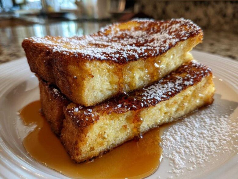 Close-up of two thick slices of golden brown french toast stacked, drizzled with syrup and dusted with powdered sugar.
