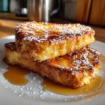 Two thick slices of golden brown french toast stacked, drizzled with syrup and dusted with powdered sugar.