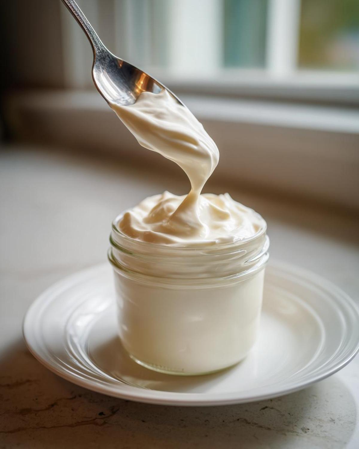 A spoonful of thick, creamy homemade mayonnaise is being lifted from a glass jar.
