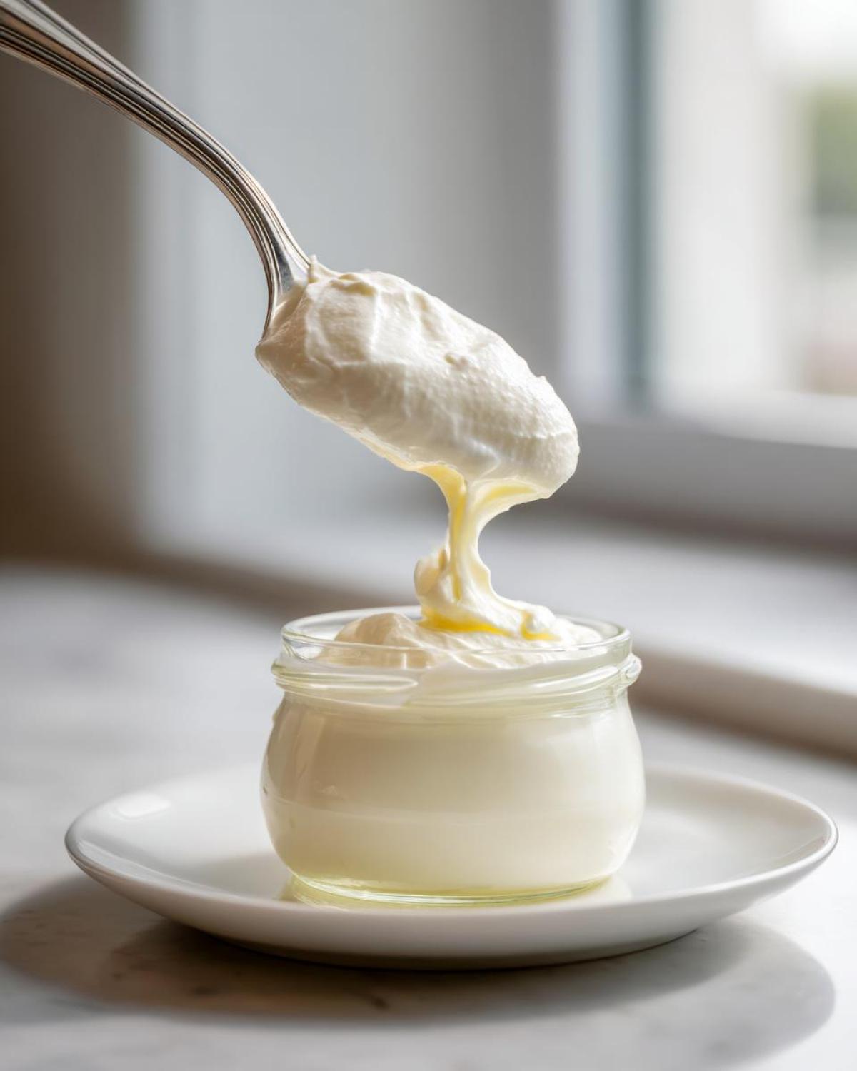 A spoonful of thick, creamy homemade mayonnaise is being lowered into a small glass jar on a white plate.