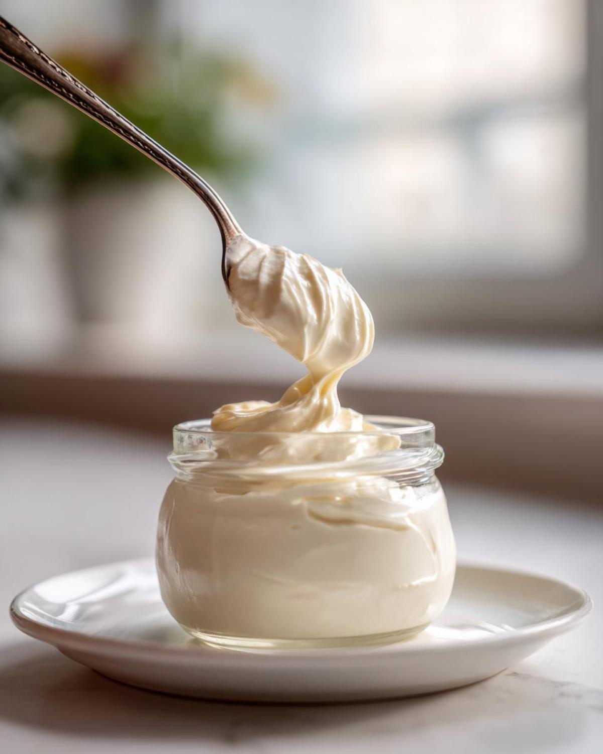 A spoonful of thick, creamy homemade mayonnaise being lifted from a small glass jar.