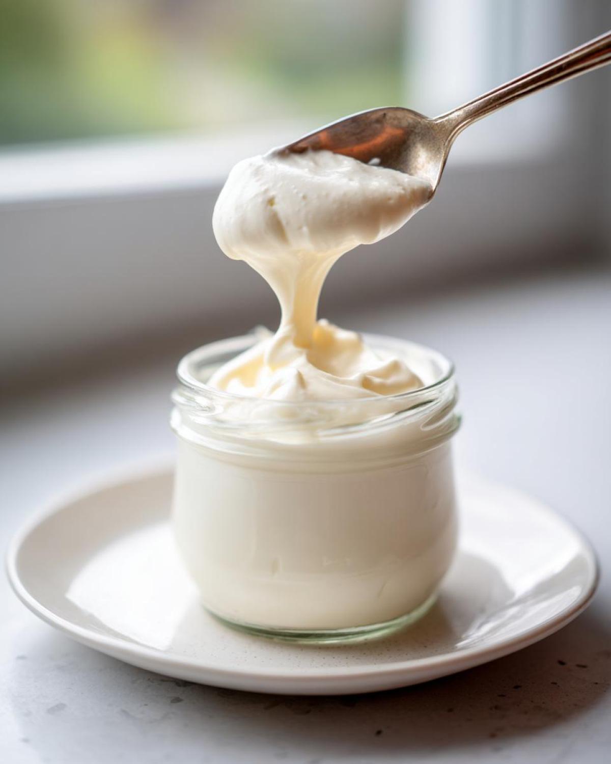 A spoonful of thick, creamy homemade mayonnaise is being lifted from a small glass jar.