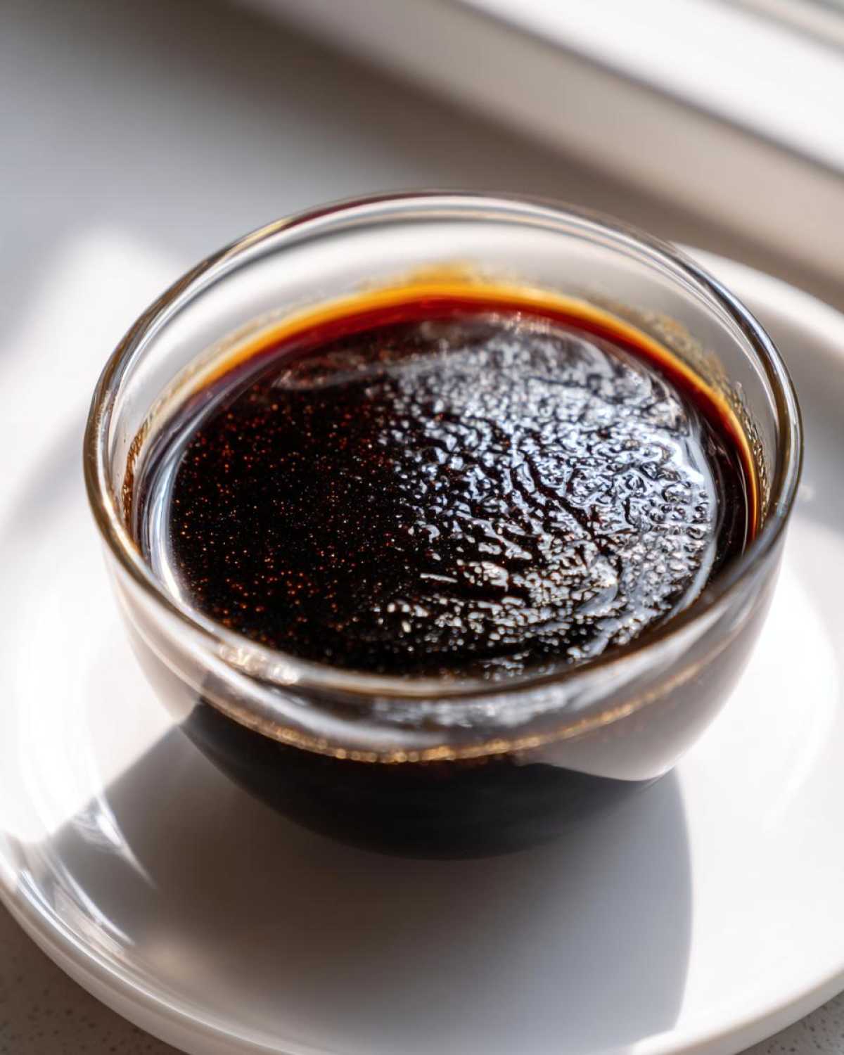 Close-up of thick, dark homemade teriyaki sauce glistening in a small clear glass bowl.