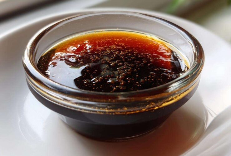 Close-up of thick, glossy homemade teriyaki sauce with small bubbles in a clear dipping bowl.