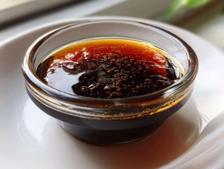 Close-up of thick, glossy homemade teriyaki sauce with small bubbles in a clear dipping bowl.