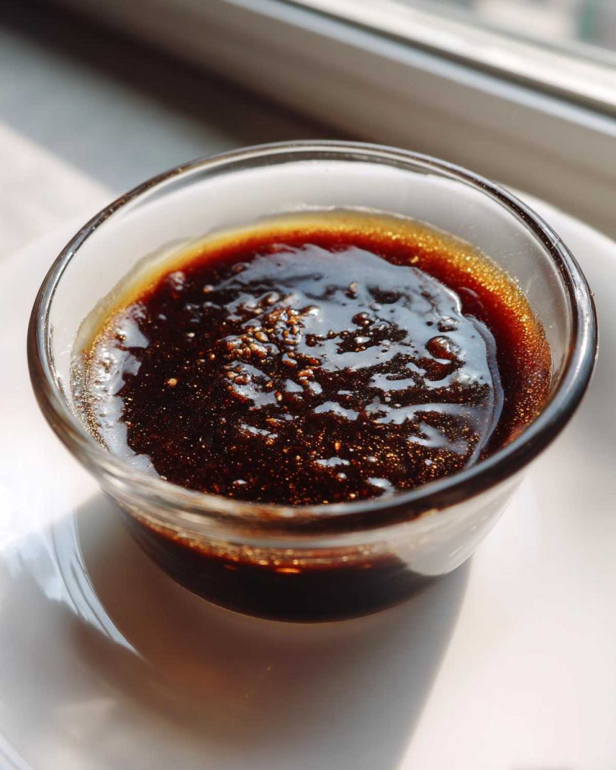 Close-up of thick, dark homemade teriyaki sauce garnished with sesame seeds in a small glass ramekin.