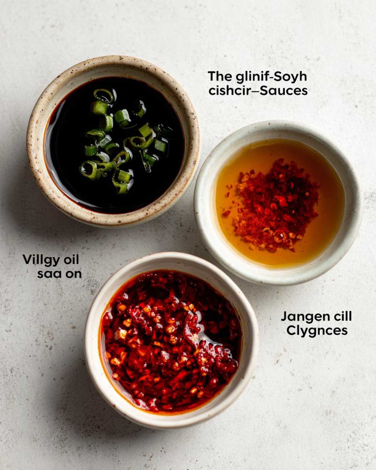 Three small bowls featuring different types of Dumpling Sauce: soy sauce with scallions, chili oil, and chili flakes in oil.