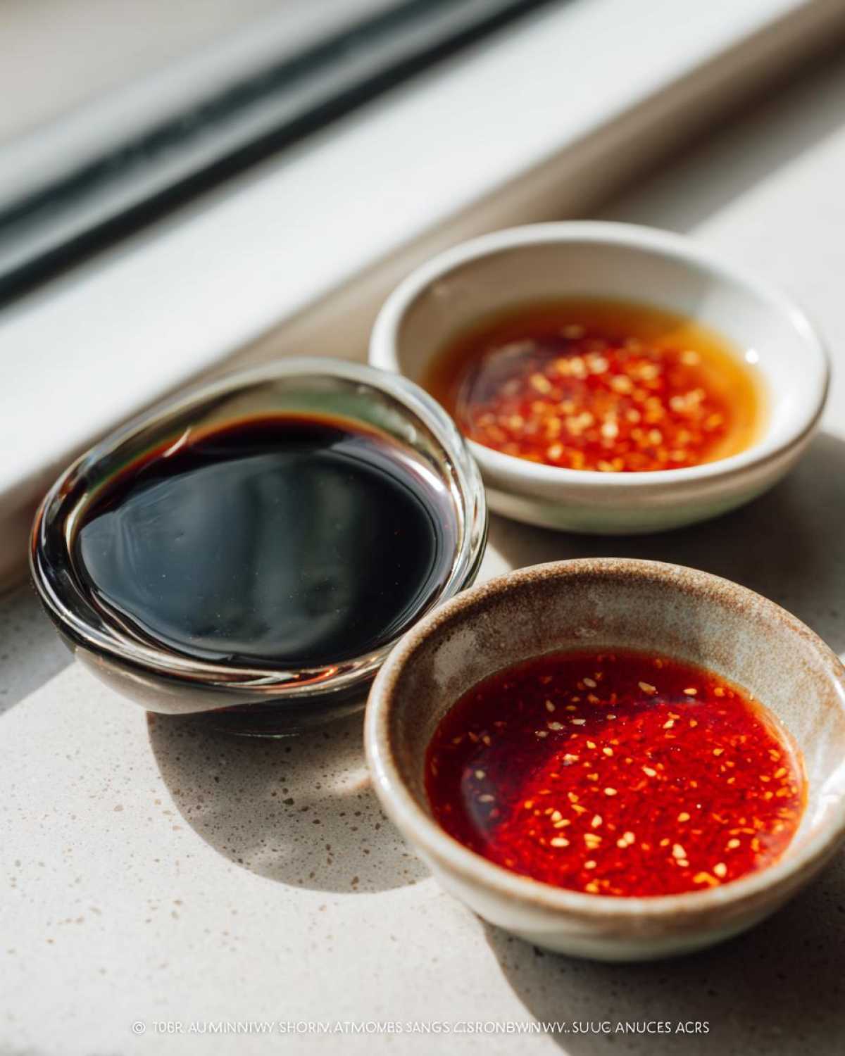 Three small bowls containing different types of Dumpling Sauce: dark soy sauce, a clear chili sauce, and a vibrant red chili sauce with sesame seeds.