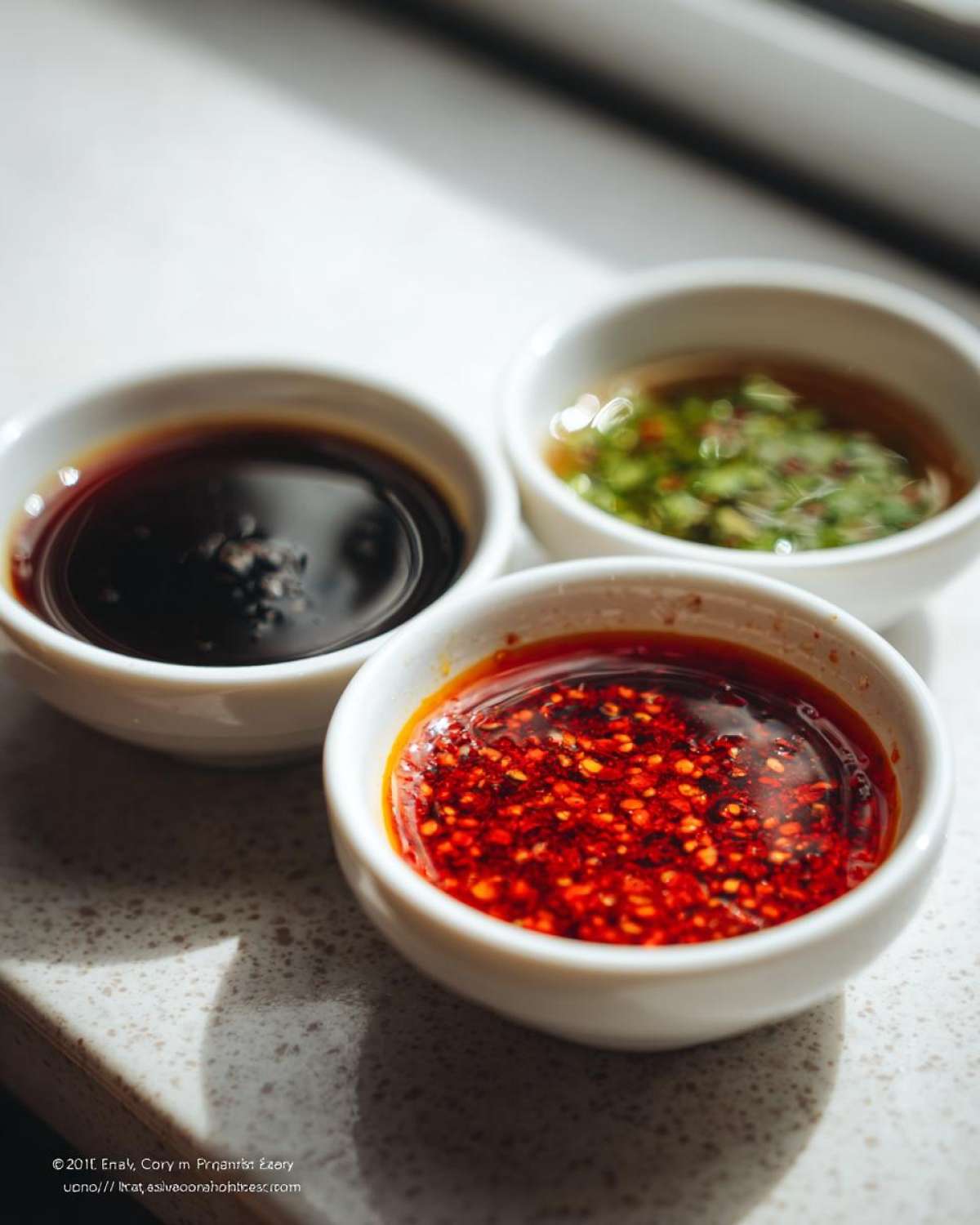 Three small white bowls containing different types of Dumpling Sauce: dark soy, chili oil, and a green herb sauce.