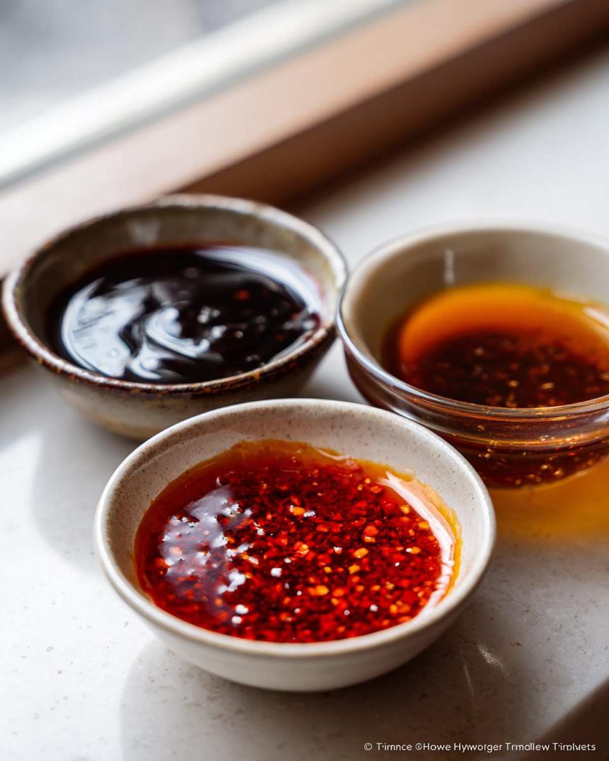 Three small bowls containing different types of Dumpling Sauce, including chili oil and dark soy-based sauces.