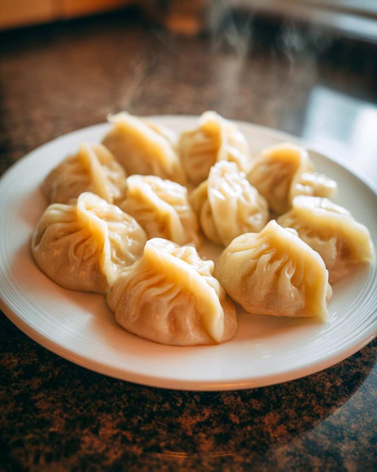 Close-up of freshly steamed Traditional Chinese Dumplings arranged on a white plate, showing steam rising.