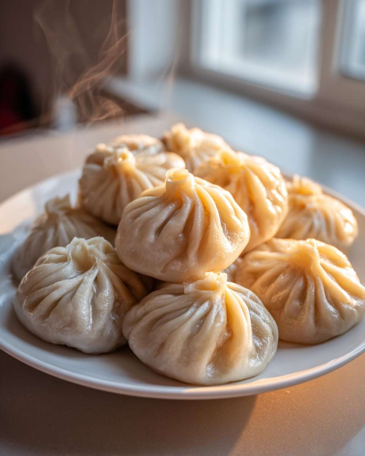 A pile of freshly steamed Traditional Chinese Dumplings with visible steam rising from them.