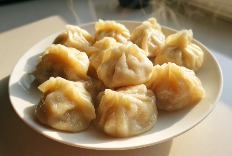 A plate of freshly steamed Traditional Chinese Dumplings, glistening and emitting steam in warm sunlight.