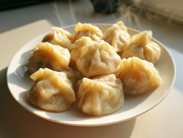 A plate of freshly steamed Traditional Chinese Dumplings, glistening and emitting steam in warm sunlight.
