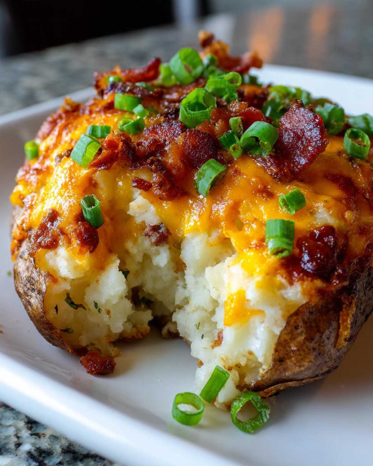 A close-up of a delicious twice baked potato overflowing with melted cheddar cheese, bacon bits, and fresh green onions.