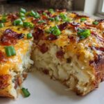 Close-up of a cheesy, bacon-topped twice baked potato casserole with a slice removed.